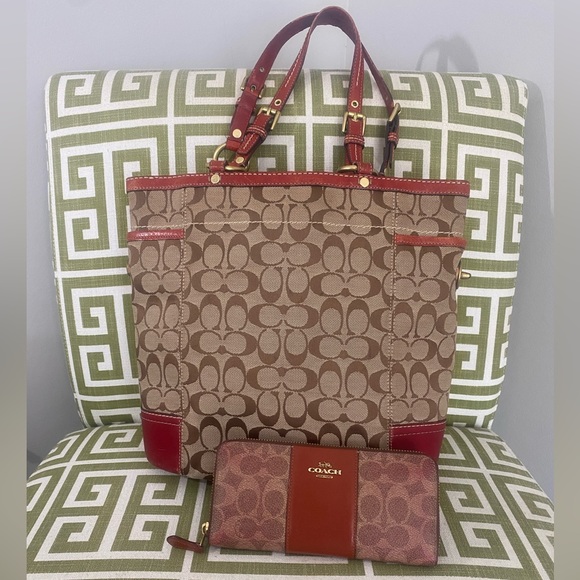 Coach Handbags - SOLD! COACH VINTAGE Signature Kaki Leather Tote & Accordion Coated Canvas Wallet